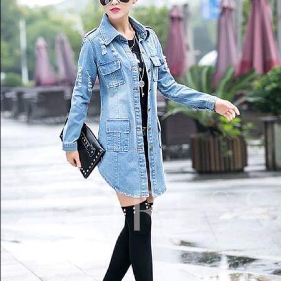 Hole Worn Denim Slim Women's Trench Coats - Picture 2 of 3